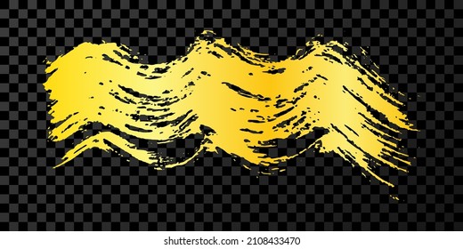 Gold wavy grunge brush stroke. Painted ink stripe. Ink spot isolated on dark transparent background. Vector illustration