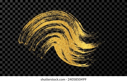 Gold wavy grunge brush stroke. Painted ink stripe. Ink spot isolated on dark transparent background. Vector illustration