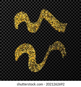 Gold wavy grunge brush strokes. Two painted ink stripes. Ink spot isolated on dark background. Vector illustration
