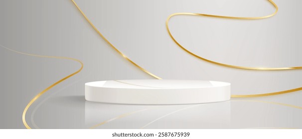 Gold wavy lines around minimalist white round podium on light gray background. Flowing metallic ribbons with cylinder platform - elegant composition for product presentation or luxury display mockup.