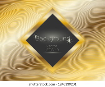 Gold wavy, lines luxury. Vector texture gold stripes background, with dark square plate. The winding of the strip. Rectangle panel with space for text.