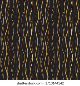 Gold wavy lines on a black background. Seamless pattern.