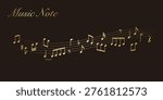 Gold wavy musical score on a black background: Vector illustration of musical notes dancing around a staff.
