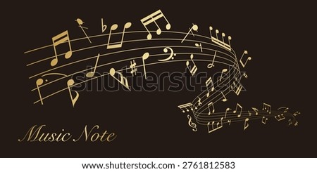 Gold wavy musical score on a black background: Vector illustration of musical notes dancing around a staff.