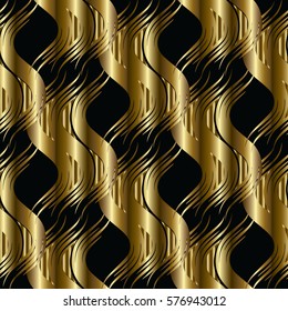 Gold wavy vertical stripes seamless pattern. Striped abstract background wallpaper illustration with vintage 3d waves and elegant ornaments.Vector  texture for fabric, textile, curtain, wrapping.