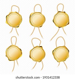 Gold Wax Seals With Rope For Letter, Guarantee Or Certificate. Vector Realistic Set Of Blank Round Wax Stamps With Cord, Golden Label For Lock Envelope With Confidential Mail Or Press Quality Sign