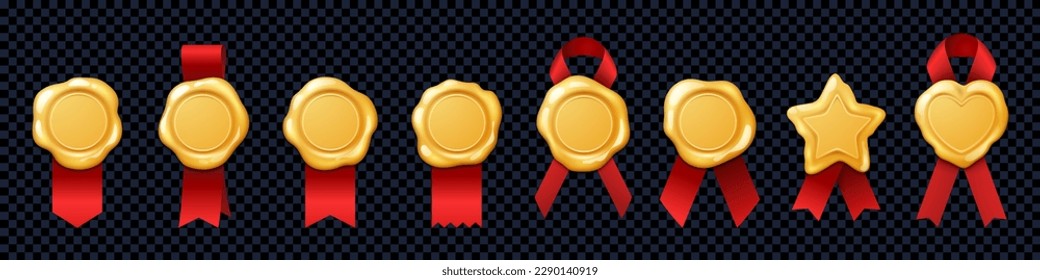 Goldwachs-Stempel mit Farbbandvektorzertifikat-Abzeichen. Diploma-Medaille-Siegel auf Gelb und Rot einzeln auf transparentem Hintergrund. Goldener Kreis-Tag-Preis für beste Qualität oder exklusives Garantieangebot.