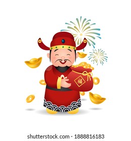 Gold of wealth holding a big red packet filled with gold and coins. Happy lunar new year. Chinese text means: Blessing