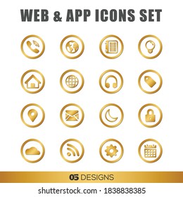 Gold Web Icons, App Icons Golden Rounded Outline. Location Pin Icons, Phone, Globe, Internet, Wifi, Light, Email, House, Home, Tag, Night, Cloud, Privacy. Contacts, Hint Icon, Lock, Security Flat Icon