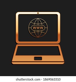 Gold Website on laptop screen icon isolated on black background. Globe on screen of laptop symbol. World wide web symbol. Long shadow style. Vector.