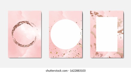 Gold wedding card in vintage style on pink background great design for any purposes. Watercolor illustration. Vector pink border template.