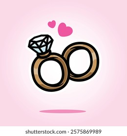 Gold Wedding Engagement Ring with Diamond Cartoon Icon Vector Illustration. Isolated background. Love Symbol. Valentine's Day Wedding Anniversary Concept