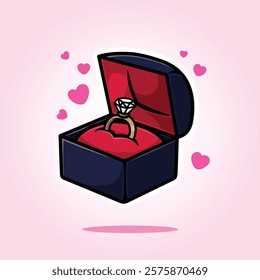 Gold Wedding Engagement Ring with Diamond on Jewelry Box Cartoon Icon Vector Illustration. Isolated background. Love Symbol. Valentine's Day Wedding Anniversary Concept