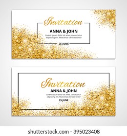 Gold wedding glitter invitation for weddings, background, anniversary marriage engagement. Golden vector texture. greeting card. Save the date. Light bright sparkles. For flyer, invite, fashion, shine