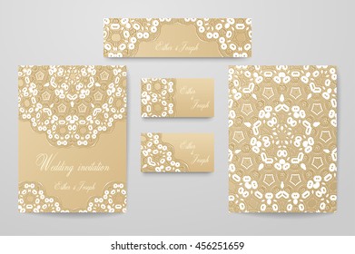Gold wedding identity template design collection with abstract pattern. Vintage vector set decorated with white lace.
