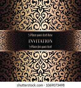 Gold Wedding Invitation card template design with damask pattern on background. Tradition decoration for wedding in baroque style.