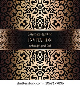 Gold Wedding Invitation card template design with damask pattern on background. Tradition decoration for wedding in baroque style.