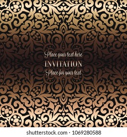 Gold Wedding Invitation card template design with damask pattern on background. Tradition decoration for wedding in baroque style.