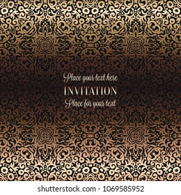 Gold Wedding Invitation card template design with damask pattern on background. Tradition decoration for wedding in baroque style.