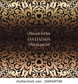Gold Wedding Invitation card template design with damask pattern on background. Tradition decoration for wedding in baroque style.
