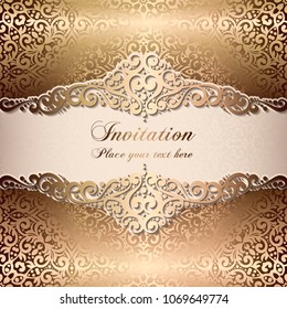Gold Wedding Invitation card template design with damask pattern on silky background. Lacy intricate textile effect.