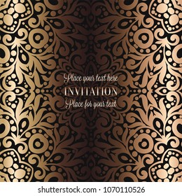 Gold Wedding Invitation card template design with damask pattern on background. Tradition decoration for wedding in baroque style.