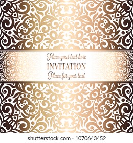 Gold Wedding Invitation card template design with damask pattern on background. Tradition decoration for wedding in baroque style.