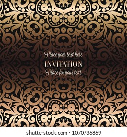 Gold Wedding Invitation card template design with damask pattern on background. Tradition decoration for wedding in baroque style.