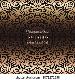 Gold Wedding Invitation card template design with damask pattern on background. Tradition decoration for wedding in baroque style.