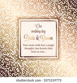 Gold Wedding Invitation card template design with damask pattern on silky background. Lacy intricate textile effect.