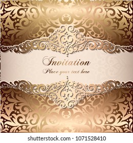 Gold Wedding Invitation card template design with damask pattern on silky background. Lacy intricate textile effect.