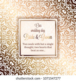 Gold Wedding Invitation card template design with damask pattern on silky background. Lacy intricate textile effect.