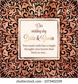 Gold Wedding Invitation card template design with damask pattern on background. Tradition decoration for wedding in baroque style.