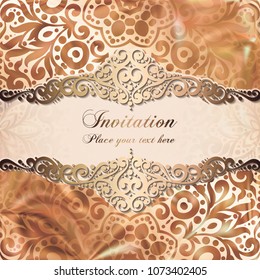 Gold Wedding Invitation card template design with damask pattern on silky background. Lacy intricate textile effect.