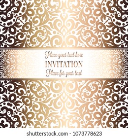 Gold Wedding Invitation card template design with damask pattern on background. Tradition decoration for wedding in baroque style.