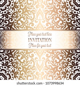Gold Wedding Invitation card template design with damask pattern on background. Tradition decoration for wedding in baroque style.