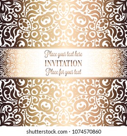 Gold Wedding Invitation card template design with damask pattern on background. Tradition decoration for wedding in baroque style.