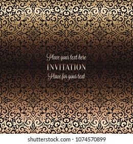 Gold Wedding Invitation card template design with damask pattern on background. Tradition decoration for wedding in baroque style.