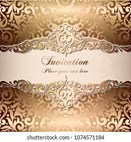 Gold Wedding Invitation card template design with damask pattern on silky background. Lacy intricate textile effect.