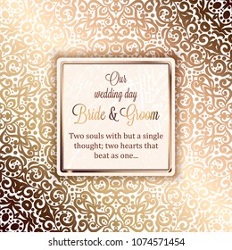 Gold Wedding Invitation card template design with damask pattern on silky background. Lacy intricate textile effect.