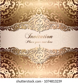 Gold Wedding Invitation card template design with damask pattern on silky background. Lacy intricate textile effect.