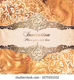 Gold Wedding Invitation card template design with damask pattern on silky background. Lacy intricate textile effect.
