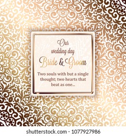 Gold Wedding Invitation card template design with damask pattern on silky background. Lacy intricate textile effect.