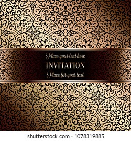 Gold Wedding Invitation card template design with damask pattern on silky background. Lacy intricate textile effect.