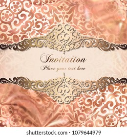 Gold Wedding Invitation card template design with damask pattern on silky background. Lacy intricate textile effect.