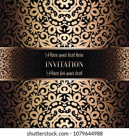 Gold Wedding Invitation card template design with damask pattern on background. Tradition decoration for wedding in baroque style.