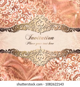 Gold Wedding Invitation card template design with damask pattern on silky background. Lacy intricate textile effect.