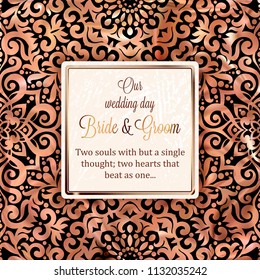 Gold Wedding Invitation card template design with damask pattern on background. Tradition decoration for wedding in baroque style.