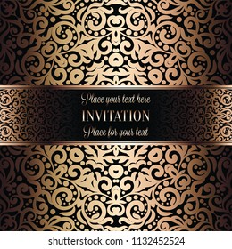 Gold Wedding Invitation card template design with damask pattern on background. Tradition decoration for wedding in baroque style.