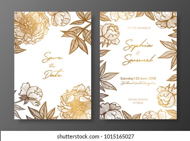 Gold wedding invitation with peonies. Gold cards templates for save the date, thank you card, wedding invites, menu, flyer, background, greeting cards, postcards